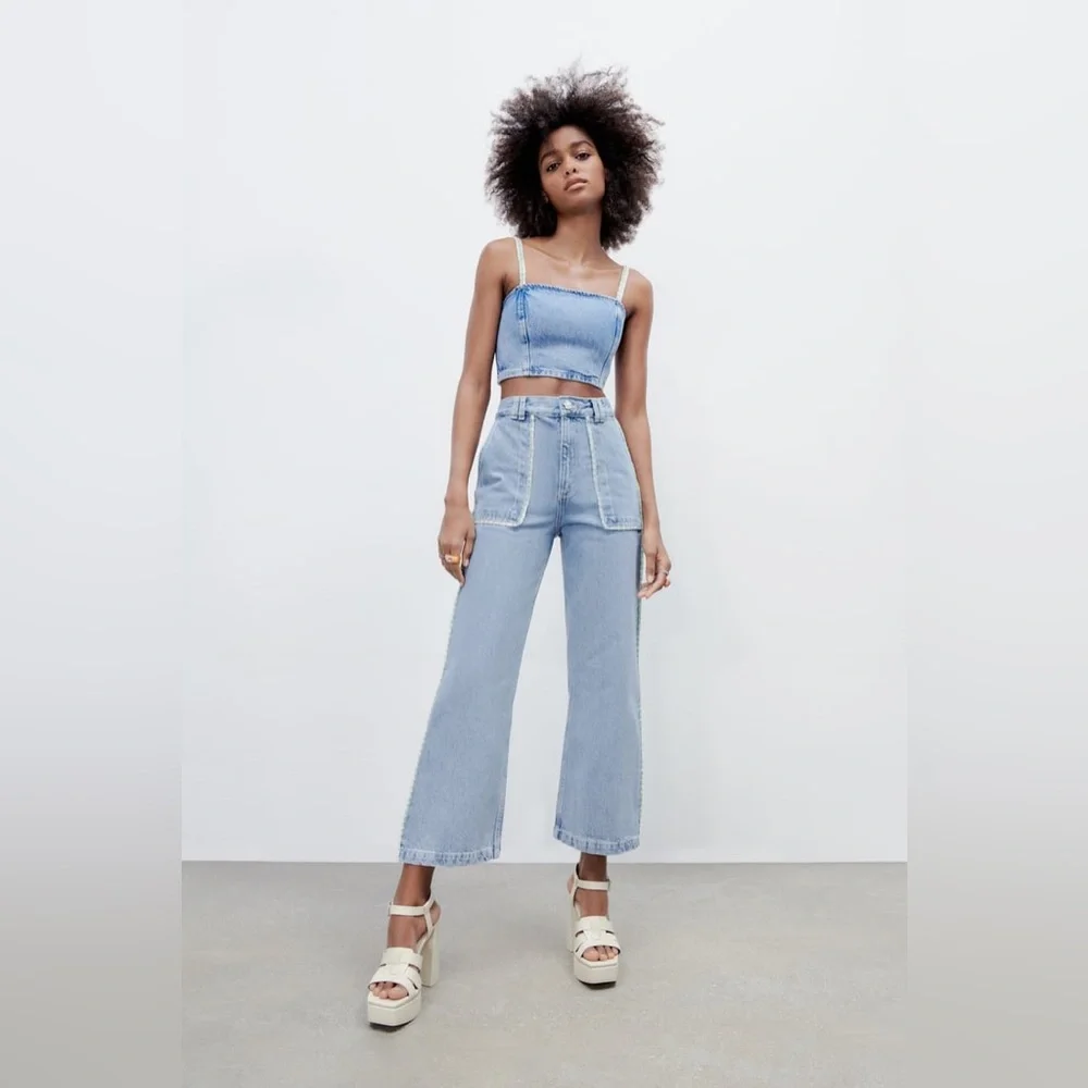LAST🔥Zara Denim Matching 2 Piece Set! Stitch & Rhinestone Detail. - Picture 8 of 15